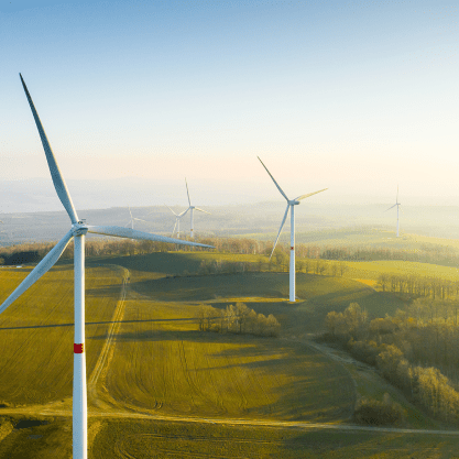 A wind energy field highlights our commitment to sustainable power. These fields are prevalent in locations like Denmark and Texas, USA